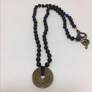 Unisex knotted stone necklace w/coin pendant